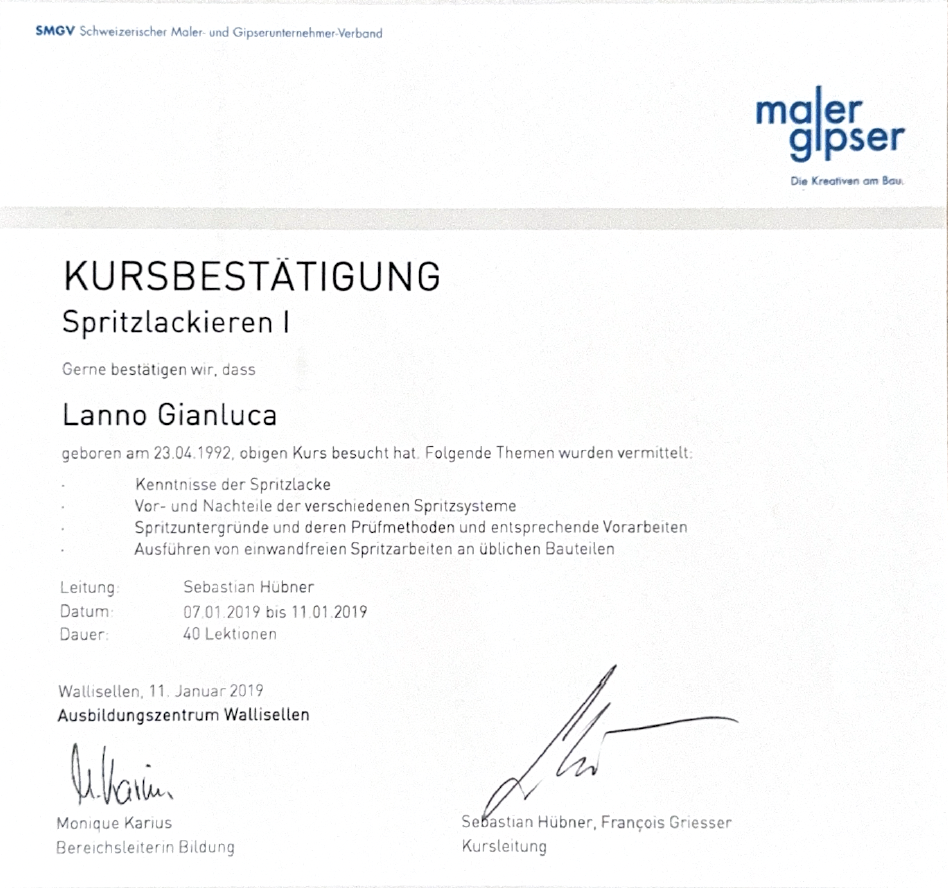 Kursbestätigung Spritzlackieren, SMGV